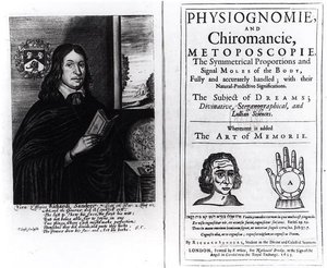 Titelseite von Physiognomie und Chiromancie: Die Kunst des Gedächtnisses von Richard Sanders, mit einem Porträt des Autors, veröffentlicht 1653 von English School